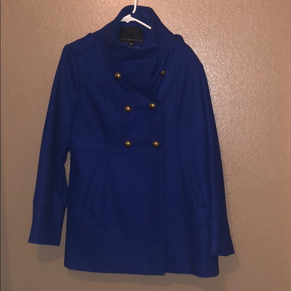 Royal blue pea coat with gold buttons.